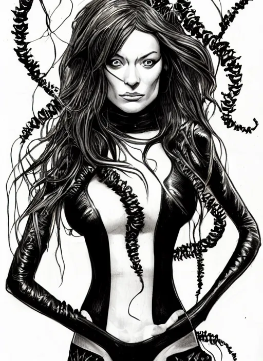 Image similar to symmetry concpet art, full shot, traditional ink, sketch, of olivia wilde as poison ivy, line sketch, intricate, elegant, highly detailed, monochrome, digital painting, artstation, concept art, sharp focus, illustration, art by borderlands 3 and peter polach