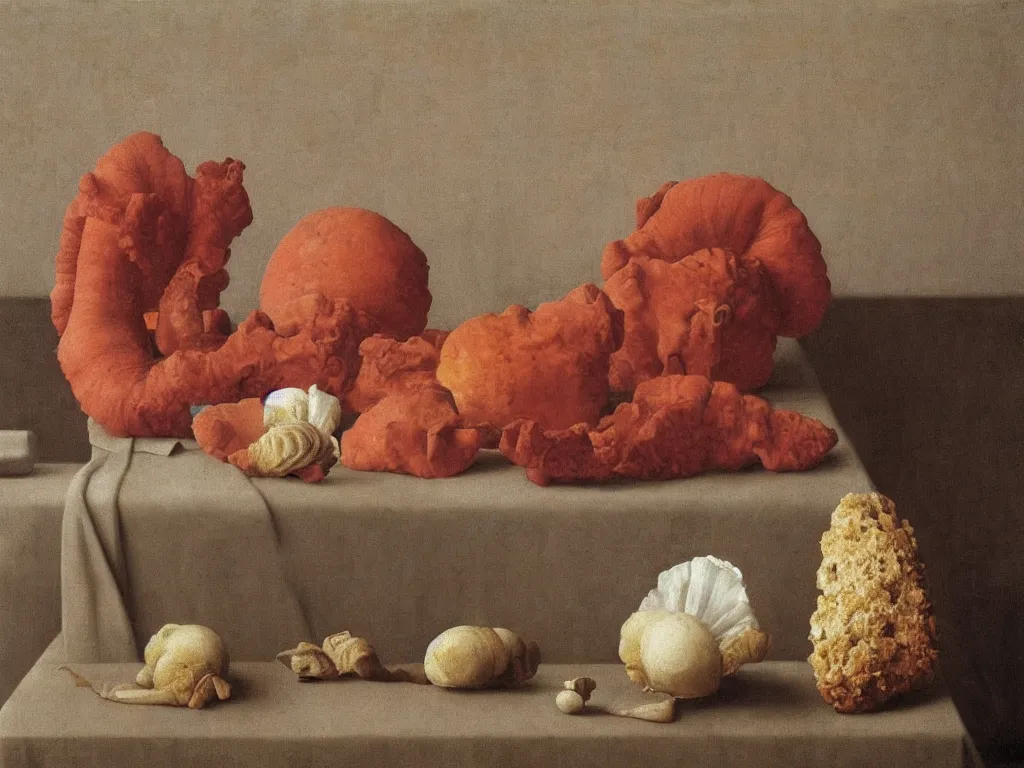 Prompt: Still life with corals, conch shell, white cloth, Buddha Ava statue, wilted flower, moldy bread. Painting by Hammershoi, Zurbaran, Morandi