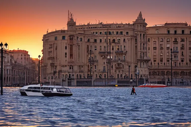 Image similar to views of catastrophic barcelona's buildings covered with high water, people on boats, floating cars, sunset lighting, photo real