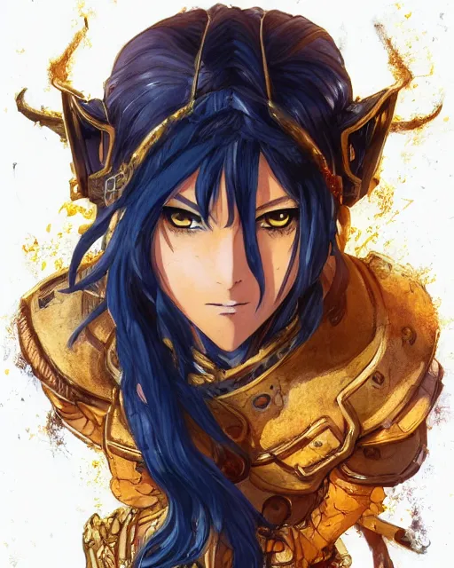 Image similar to An anime portrait of a beautiful D&D half-orc female with long wavy dark blue hair, bright orange eyes, intricate full body armour, fantasy soldier, by Stanley Artgerm Lau, WLOP, Rossdraws, James Jean, Andrei Riabovitchev, Marc Simonetti, and Sakimichan, highly detailed, ultra detailed, golden hour, trending on artstation, cgstudio