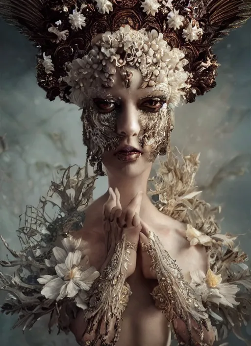 Image similar to expressive full body photo of a female model as beautiful angel, ornate headpiece made from flowers, ivory, ornaments, glamour shot, by karol bak, by stefan gesell, octane render, unreal engine, photorealistic, canon r 3, fashion photography, studio shot, environmental portrait, dark fantasy, dark beauty, magazine, symmetrical features