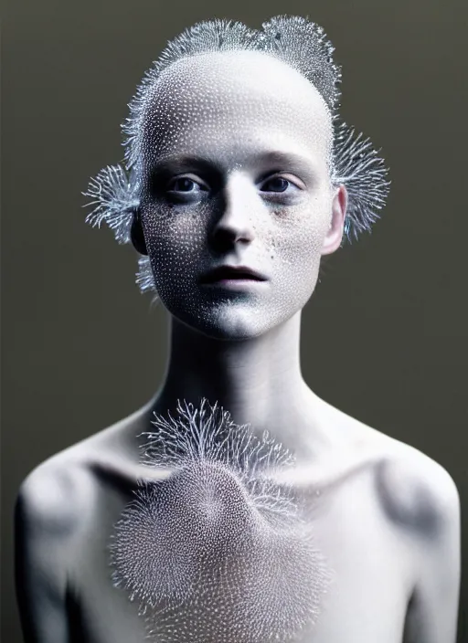 Image similar to Kodak Portra 400, highly detailed, britt marling style 3/4 , fine art portrait photography by Paolo Roversi, face and body merging with luminescent jellyfishes filaments, symbolic metamorphosis complex 3d render , 150 mm lens, bust with intricate filaments details, elegant, hyper realistic, ultra detailed, octane render, underwater soft colours, emotionally evoking, head in focus, fantasy, elegant, soft light, volumetric lighting, highly detailed, 8K, soft light, volumetric lighting, Refined, Highly Detailed, soft lighting colors scheme, fine art photography, Hyper realistic, photo realistic