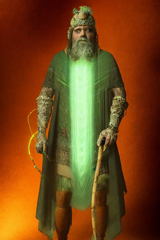 Prompt: full body portrait of an ancient man wearing layered black clothes with an elaborate cane that emits a soft green glow in an orange environment, atmosphere. dream like environment. soft. Foggy. Realistic concept art. V-ray. Ultra HD. 8K. Sharp details. 50mm. f/3.5.