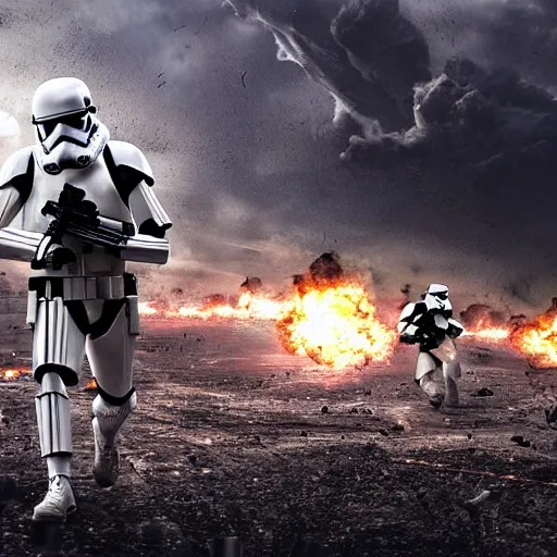 Image similar to hyper realism, realistic apocalyptic war scene, explosions, science - fiction soldiers running with armour like stormtroopers in the middle of explosions and bullets, view from far away,