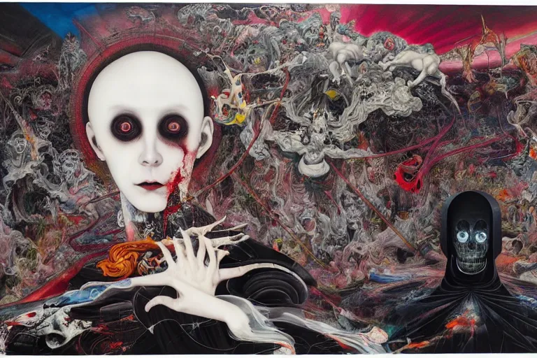 Image similar to The physical impossibility of death, in a brutalist architecture space ship, gothic, rich deep colours, creepy, diabolical, dark, mystical, intrincate, maximalism, painted by Francis bacon, Adrian ghenie, James jean and Petra cortright part by Gerhard Richter, part by Takato Yamamoto. 8k masterpiece