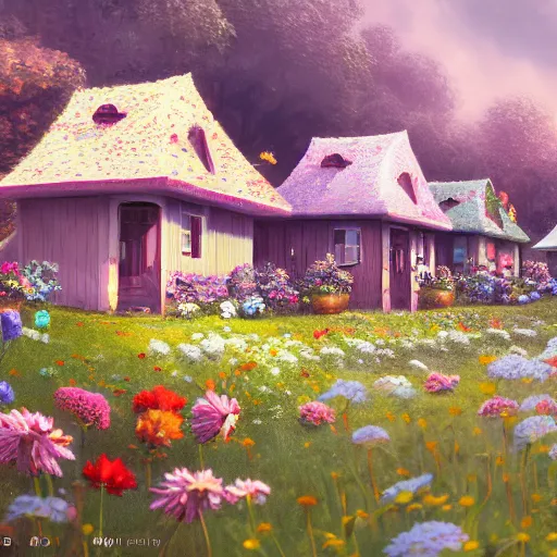Prompt: beautiful little houses made of flowers in a serene field, intricate, highly detailed, digital painting, artstation, concept art, extremely detailed, sharp focus, octane render wide view, soft shading, digital illustration, colorful, lowbrow, style of greg simkins - 1 0 2 4