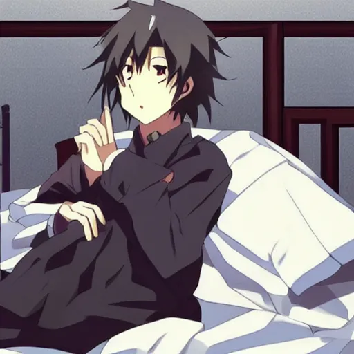 Prompt: “Hikigaya Hachiman sitting on his bed”