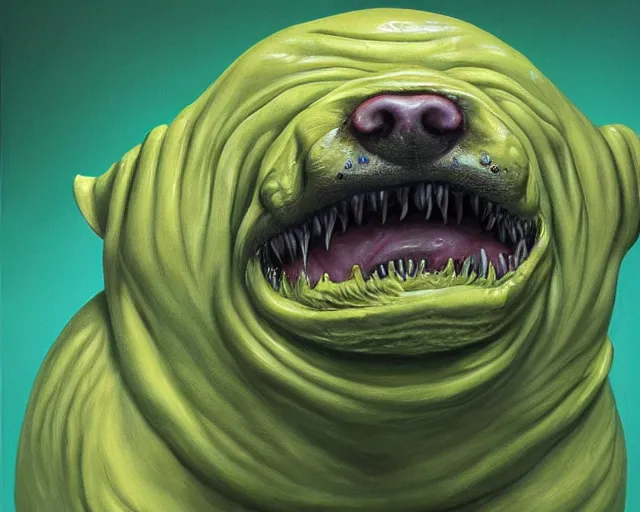 Image similar to Haunting horrifying hyperrealistic detailed painting of a fat dog canine creature made of slime, gelatinous green goop, heavy metal, disgusting, creepy, unsettling, and glowing yellow eyes, hyper detailed, trending on Artstation