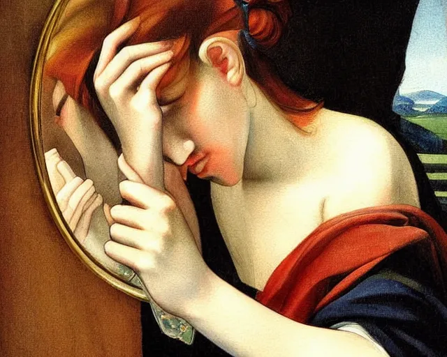 Image similar to a very unique stylize watercolor painting. 3 / 4, medium shot. a straight and long nose, and huge prominent eyes. she is looking at the mirror and crying to the sun. old photograph. sharp image. academicism, highly detailed, color harmony, art station, ornate, caravaggio style. old photography