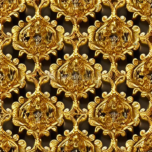 Prompt: seamless 3D baroque gold pattern, Beautiful dynamic shadows , gold and pearls, symmetrical, rococo elements, damask, Artstation, versace pattern, concept design art, Octane render,8K