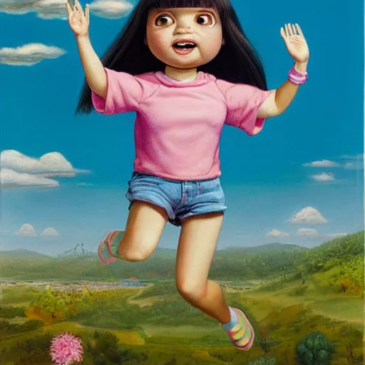 Prompt: portrait of real girl dora the explorer jumping happily,painted by ron mueck and mark ryden and hikari shimoda, lowbrow pop surrealism