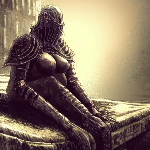 Image similar to Elana, the Squalid Queen boss from dark souls 2 sitting near a dead man, evening time, heavy rain, rain water reflections in ground, digital illustration, crisp details, highly detailed art, 8k image quality, full body camera shot