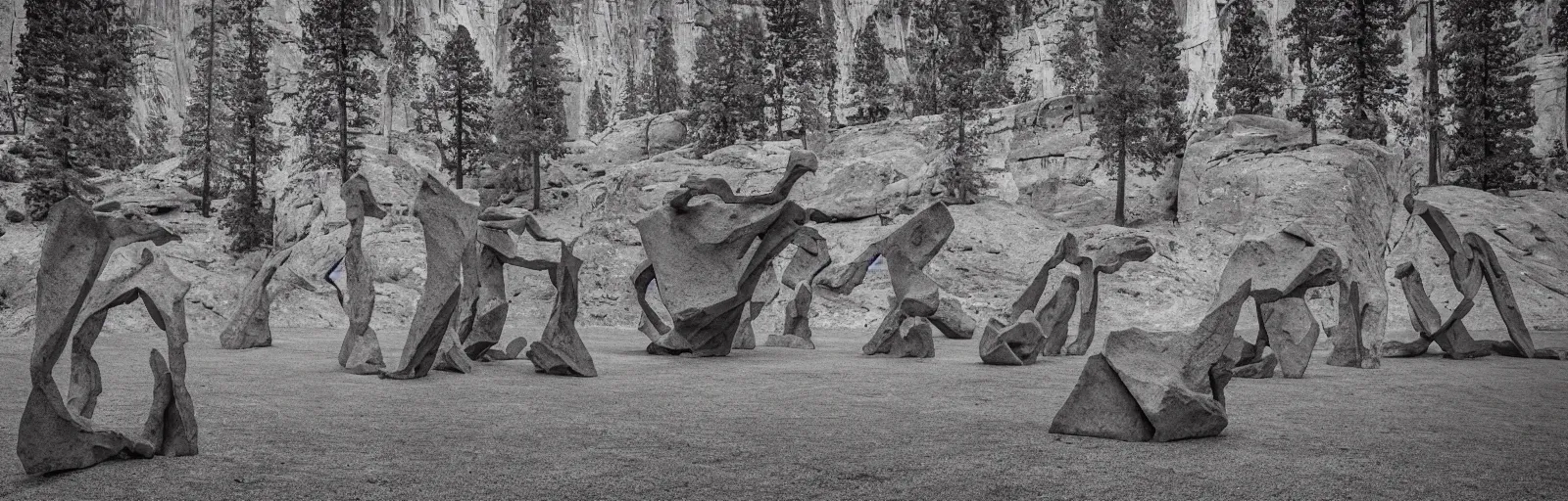 Image similar to to fathom hell or soar angelic, just take a pinch of psychedelic, medium format photograph of two colossal minimalistic necktie sculpture installations by antony gormley and anthony caro in yosemite national park, made from iron, marble, and limestone, granite peaks visible in the background, taken in the night