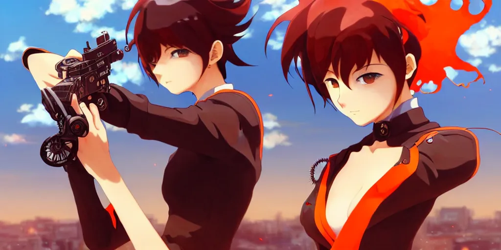 Image similar to makoto shinkai, artgerm, ilya kuvshinov, steampunk beautiful anime woman, red shirt brown pants, black and red hair hair, symmetrical face, symmetrical eyes, second anime woman with orange hair and black pants, action scene, shooting fire war, detailed, summer setting, cinematic lighting