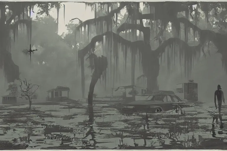 Prompt: scene from louisiana swamps, voodoo cult, old protestant church with neon satanic pentagram, junkyard by the road, boy scout troop, voodoo artwork by tim eitel