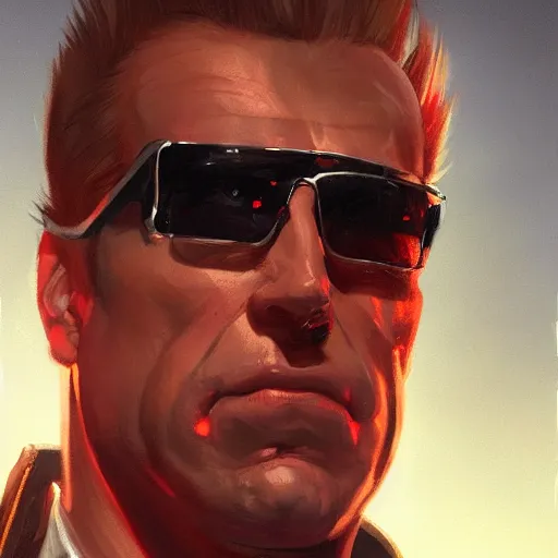 Image similar to a closeup portrait of duke nukem, dramatic light, city background, sunset, high contrast, sharp, painted by stanley lau, painted by greg rutkowski, painted by stanley artgerm, masterpiece, digital art, trending on artstation