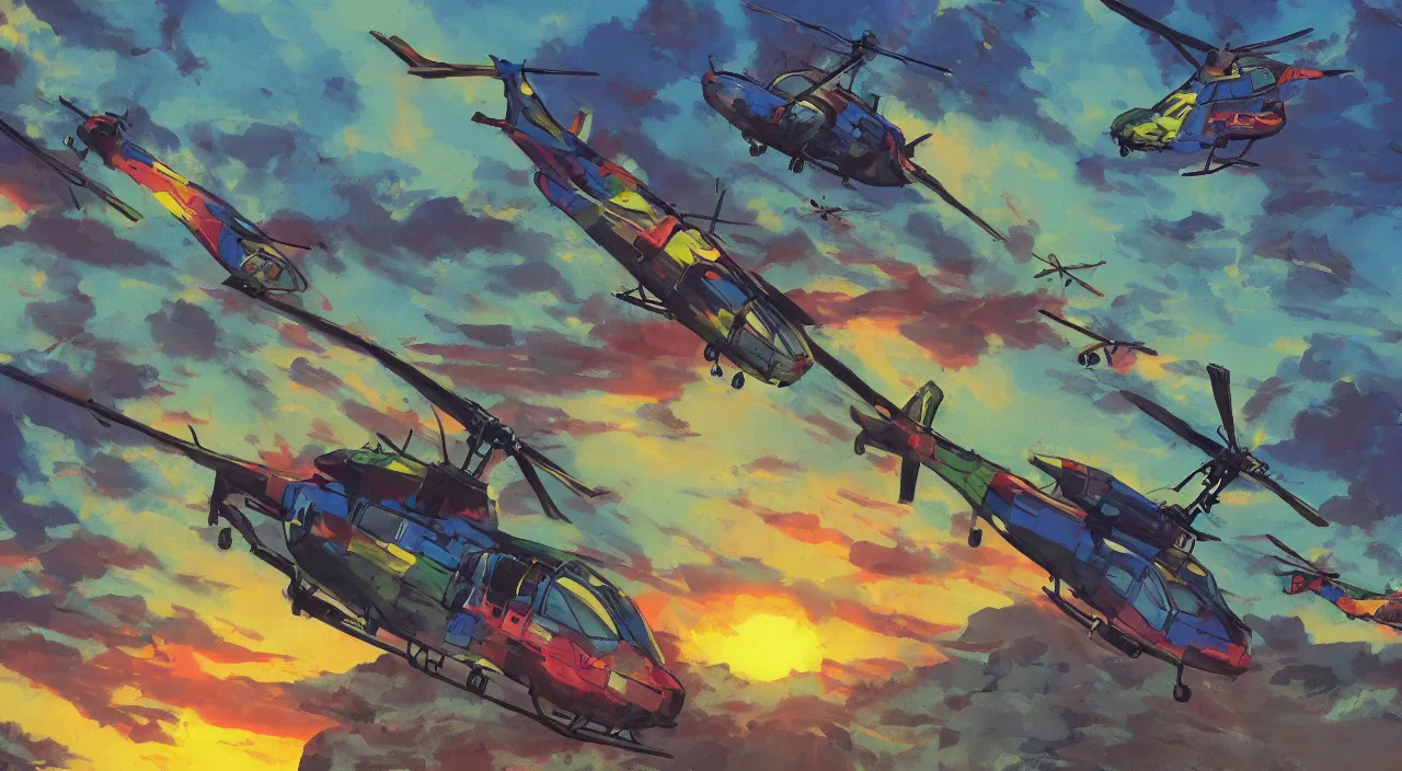 Image similar to helicopters flying low over jungle mountains sunset sky rice patties beautiful artstation 4 k breathtaking graphic novel concept art illustration cartoon by jack kirby