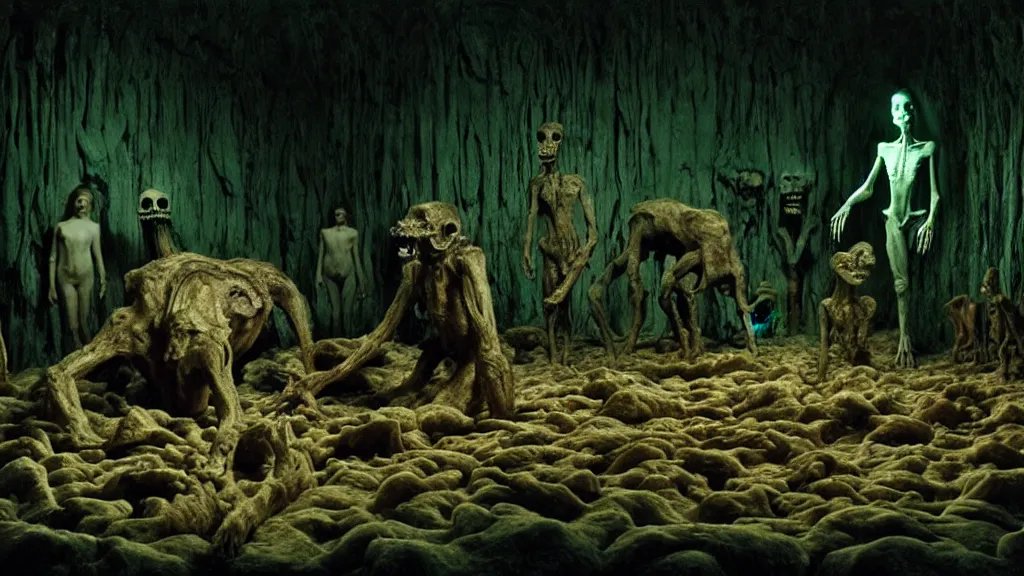 Prompt: the creature in the basement, made of wax! and bone ceramic, bioluminescence, surrounded by animals, film still from the movie directed by denis villeneuve and david cronenberg with art direction by salvador dali and zdzisław beksinski, wide lens