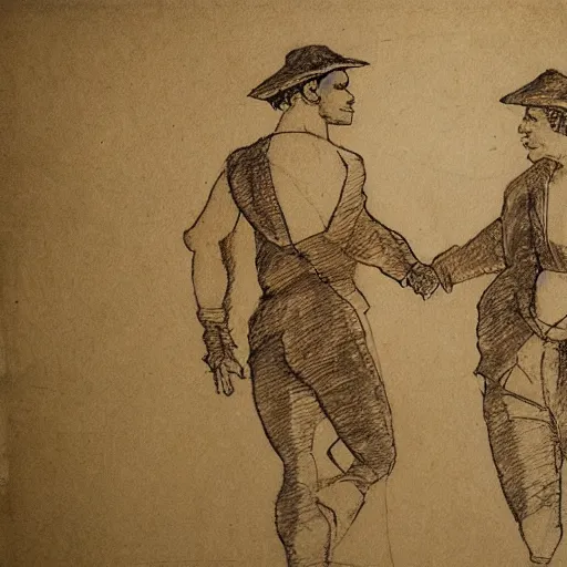 Image similar to realistic academic sketch of two handsome men holding hands in the style of Leonardo Da Vinci