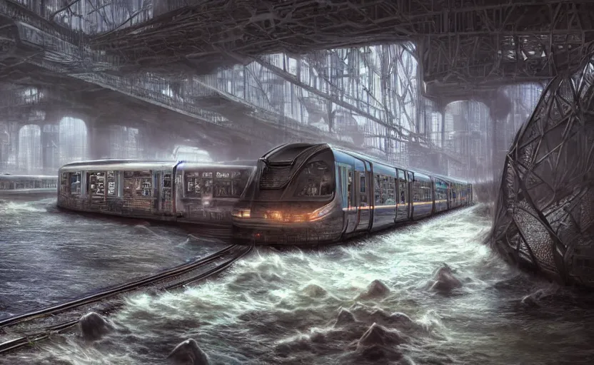 Image similar to An urban train rides inside of a waterway on a fantasy city, hyperrealistic mixed media, stunning 3d render inspired art by P. Craig Russell and Barry Windsor-Smith + perfect facial symmetry + dim volumetric lighting, 8k octane beautifully detailed render, post-processing, extremely hyperdetailed, intricate futuristic mechanic parts, epic composition, grim yet sparkling atmosphere, cinematic lighting + masterpiece, trending on artstation