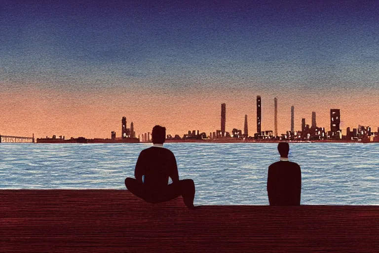 Prompt: A man sitting on a jetty, city in the background, cinematic lighting, copic markers