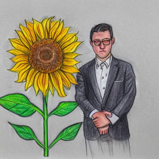 Image similar to full body shot of a man with a sunflower instead of a head wearing a business suit, color pencil sketch