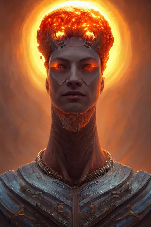 Image similar to humanoid god of the sun, highly detailed, d & d, fantasy, hyper detailed, digital painting, trending on artstation, apollo, concept art, sharp focus, illustration, art by artgerm and magali villeneuve and greg rutkowski and michael whelan, cryengine, 8 k realistic atmospheric lighting, frostbite 3 engine