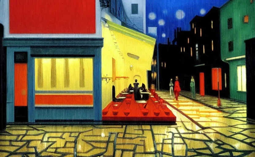 Image similar to exterior of cyberpunk restaurant during a melancholy rainy night by hopper, edward