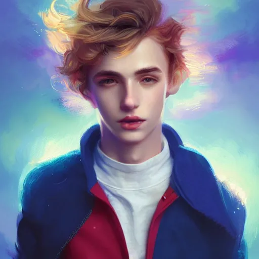 Image similar to colorful and Festive Captivating young boy with wavy blonde hair, navy blue jacket and blue shorts. rich vivid colors, ambient lighting, dynamic lighting, 4k, atmospheric lighting, painted, intricate, highly detailed by Charlie Bowater