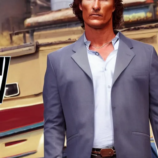 Image similar to matthew mcconaughey as a GTA style character on a loading screen, 4k, high detail, high-resolution photograph, professional photography, ultra-detail