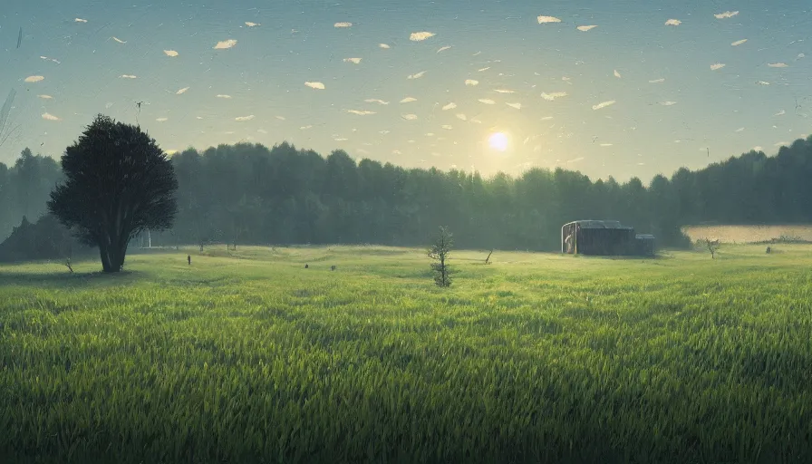 Image similar to open field with solar panels, sun in the sky, early morning, single tree, farmhouse, simon stalenhag