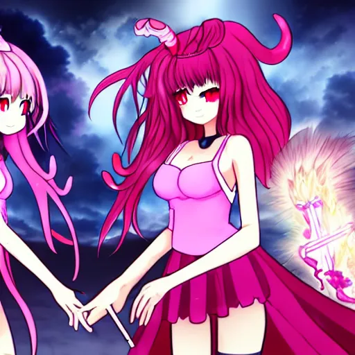 Image similar to an eternal battle between a demon girl and a magical girl