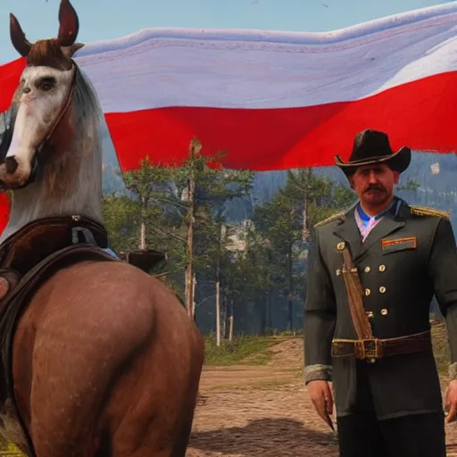 Image similar to Alexander Lukashenko with the belarussian flag in the background in Red Dead Redemption 2