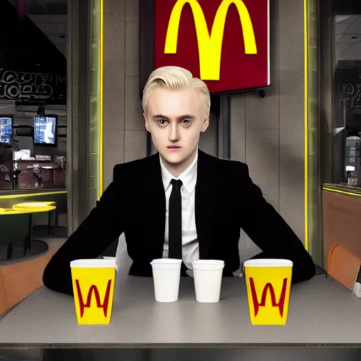 Image similar to Draco Malfoy sitting at a booth in McDonalds, McDonalds interior background, photo