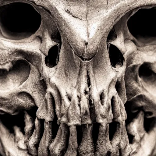 Prompt: A skull of an alien creature, intricate, bones, 35mm, photorealistic, realistic, depth of field, photography, high definition, 8k