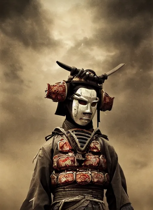 Image similar to samurai portrait photo, wearing mempo mask, after a battle, dirt and unclean, extreme detail, cinematic, dramatic lighting render, photorealism photo by national geographic, tom bagshaw, masterpiece