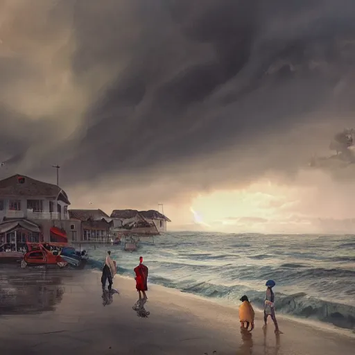 Prompt: a watercolor illustration of a cozy seaside village with a menacing storm cloud on the ocean horizon, octane render, highly detailed, masterpiece, by anthony micallef