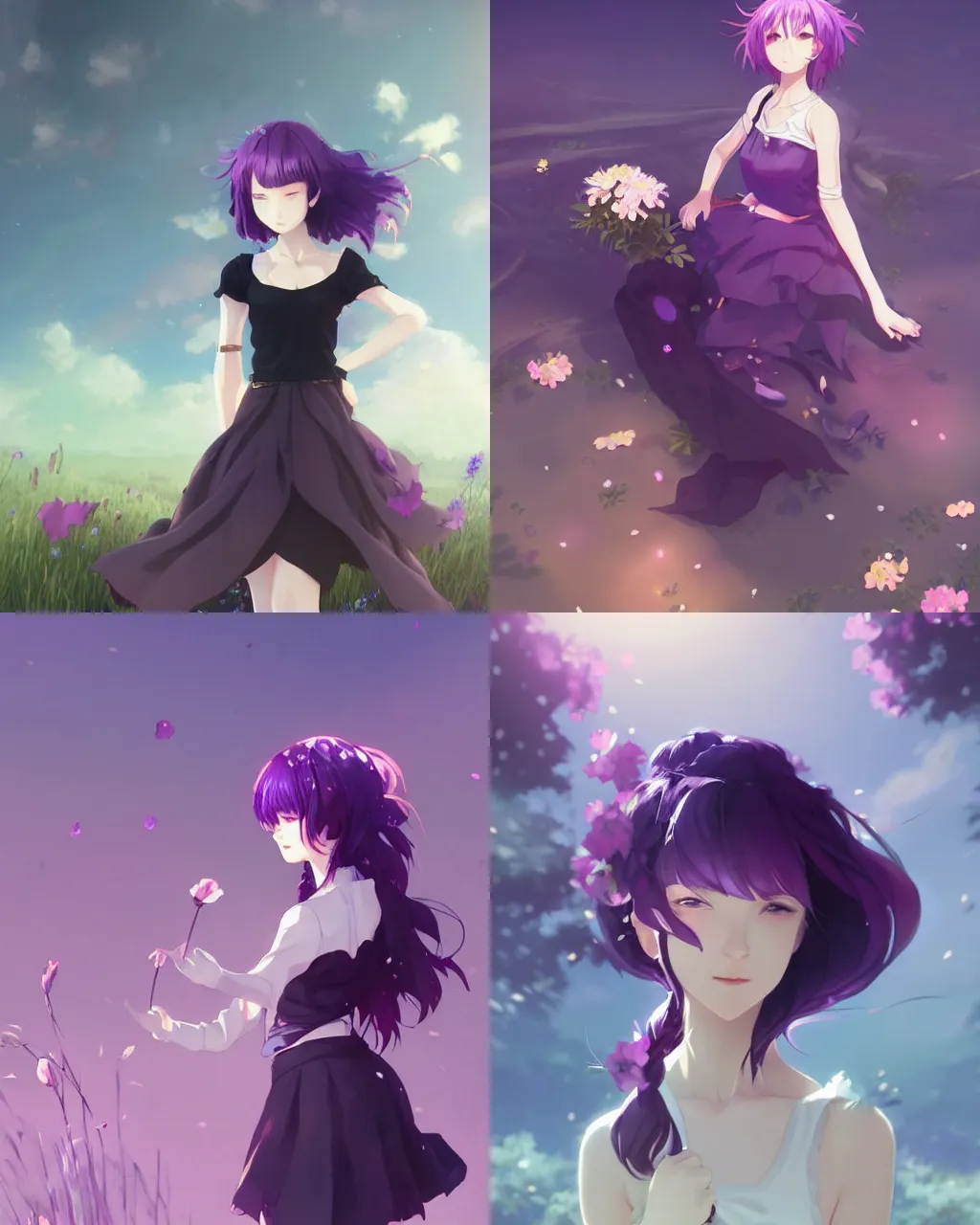 Prompt: girl with purple hair and black skirt, flower decoration on the background, a beautiful half body illustration, top lighting, perfect shadow, soft painting, art by hidari and makoto shinkai and wenjun lin