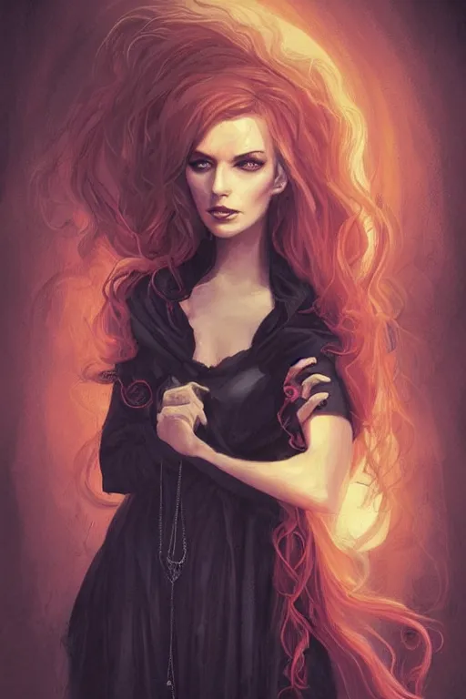 Prompt: female occultist, sweeping wild blonde hair, red eyes, portrait, high cheekbones, smug, evil, Victorian, black velvet dress, dark colors, ruby jewelry, fantasy painting, trending in Artstation, GSociety, by Charlie Bowater, Brom, Bastien Lecouffe-Deharme