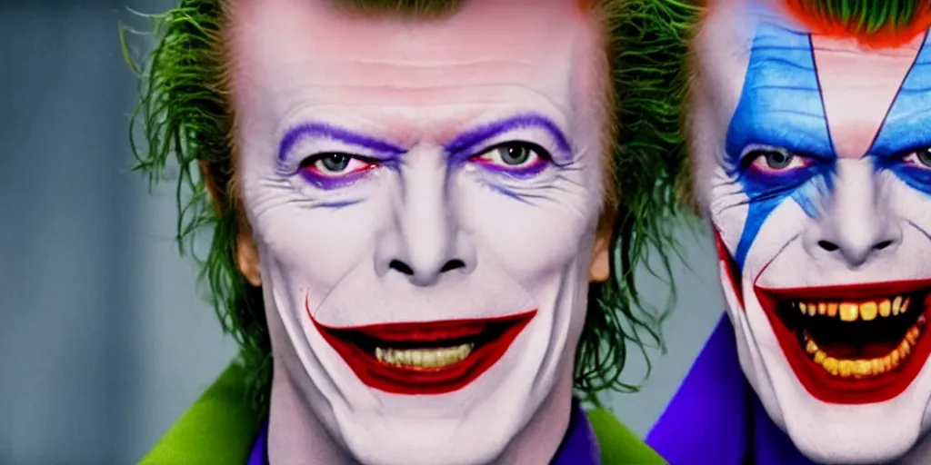 Image similar to A smiling David Bowie as the Joker in Batman, 4k