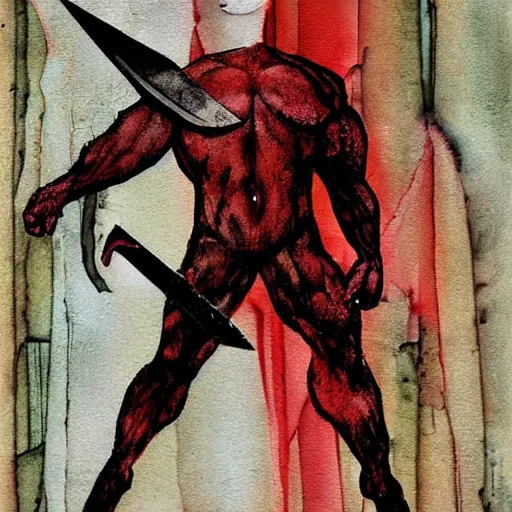 Prompt: comic strip loose, subtle by paul lovering. mixed media art. a large, muscular demon - like creature with wings, standing in a dark, hellish landscape. the creature has red eyes & sharp teeth, & is holding a large sword in one hand.