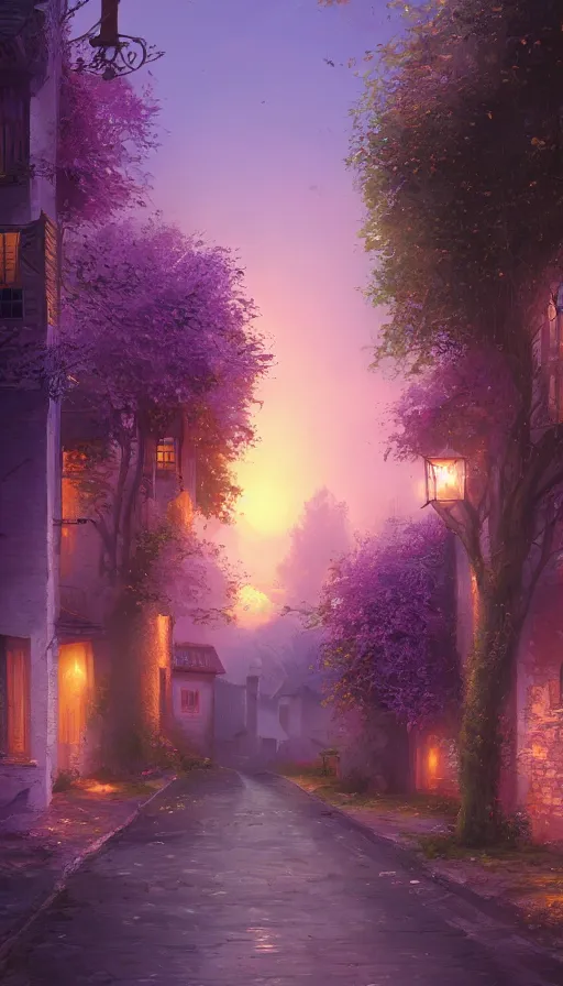 Prompt: landscape of a beautiful street full of wysteria, purple lighting, sunset, dusk. old houses by the road. hyper detailed, artstation cgsociety, 8 k