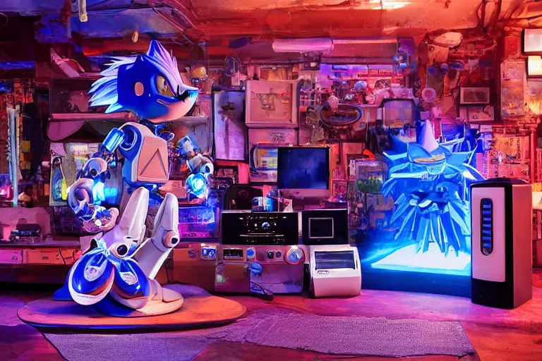 Prompt: robot staring at sonic the hedgehog in a mirrored monolith, from 1977, in a tiki bar, volumetric lighting, surrounded by crt monitors, low-light photograph, in the style of jack bridgeland