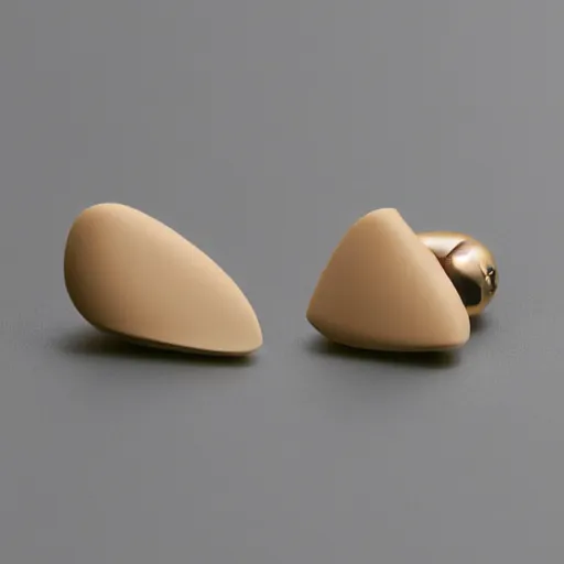 Image similar to beige teardrop-shaped truly wireless earbuds with gold accents, studio, product photo