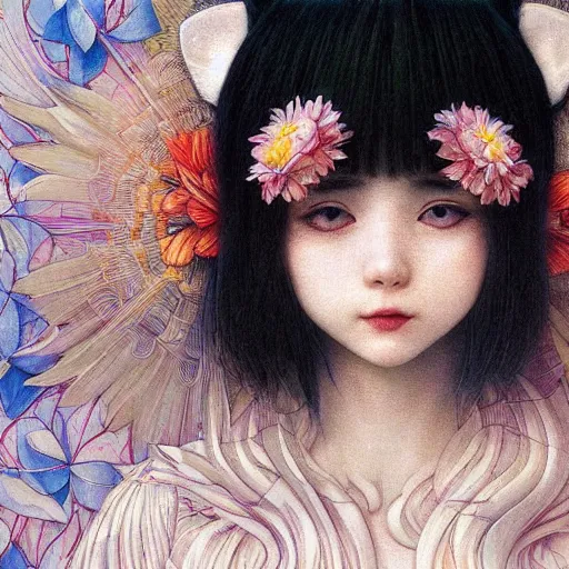 Prompt: white cat girl, botanical, blue orchid flower, portrait face, colorful, frantisek kupka, intricate, miles johnston, kuroda seiki, cynical realism, ozabu, john william godward, painterly, yoshitaka amano, moebius, miles johnston, louise zhang, james jean, mark ryden lowbrow pop surrealism art style