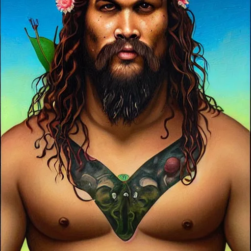 Prompt: jason momoa as a mango, lowbrow painting by mark ryden