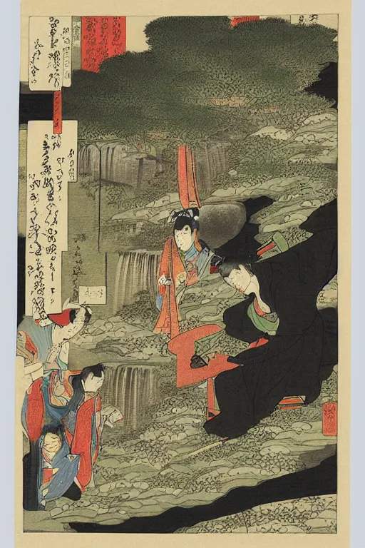 Image similar to the painting'hatsuhana doing penance under the tonosawa waterfall'by utagawa kuniyoshi turned into a 3 d model