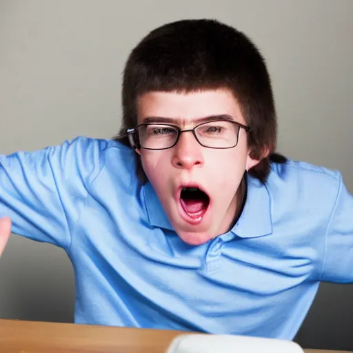 Image similar to teenage boy getting angry at a computer, award - winning photograph