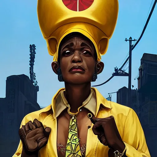 Image similar to [Monkey as president of Banana as GTA character, propaganda!, closeup, D&D, intricate, elegant, highly detailed, digital painting, artstation, concept art, matte, sharp focus, illustration, art by Artgerm and Greg Rutkowski and Alphonse Mucha and Enki Bilal]