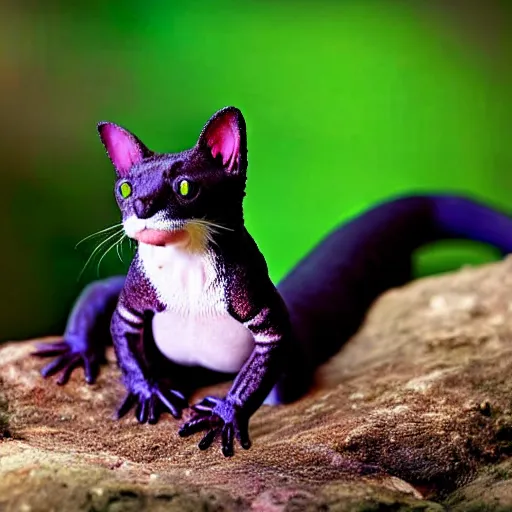 Prompt: a salamander - cat - hybrid. animal photography, wildlife photo